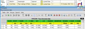 Screenshot of deadweight input tables and PIPEDIM output table