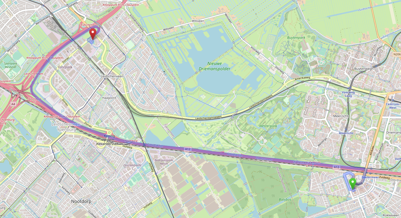 Illustration of the route between old and new location