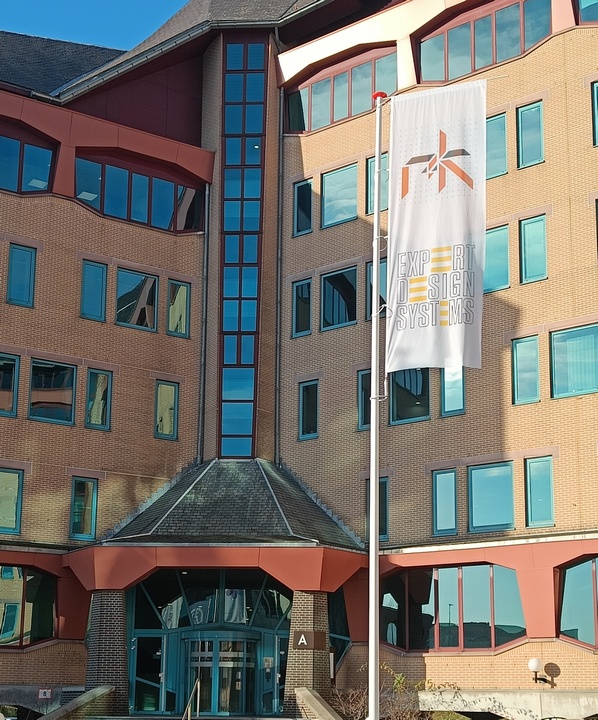 View of the new office, with flag in the foreground